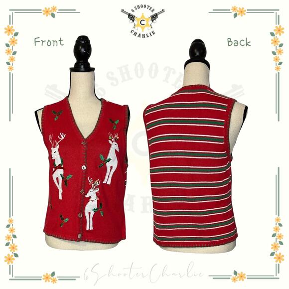 WESTBOUND Christmas Sweater Vest Size S Red Reindeers and Holly Button Down - Picture 1 of 6